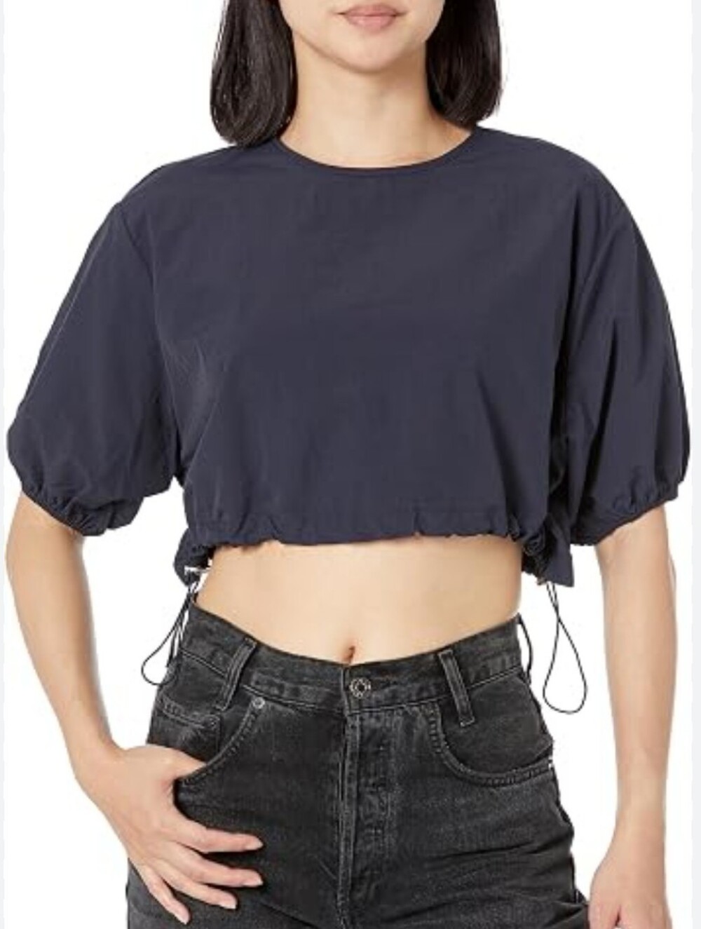 OAK + FORT Black Short Puff-Sleeve Drawstring Top Sz S